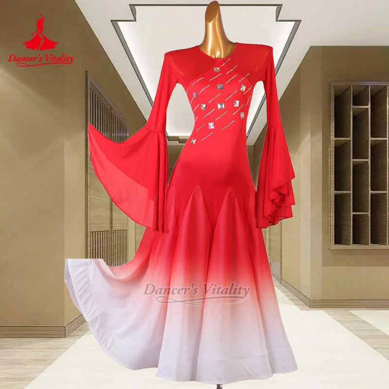 Ballroom Dance Flared Sleeves Big Swing Dresses Dancer's Vitality Adult Chacha Samba Gradient Color Contest Clothes Customized