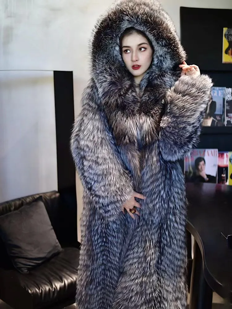 Genuine Silver Fox Fur Coat Women Winter Luxury Female Natural Silver Fox Fur Jacket Long Sleeve Real Silver Fox Fur Coat With H