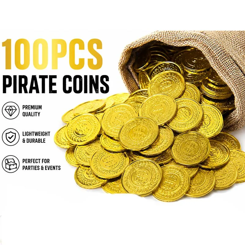 100Pcs Fake Gold Pirate Coins Plastic Treasure Coins 3.2cm for Game Play Halloween Themed Party Cosplay Decoration Party DIY