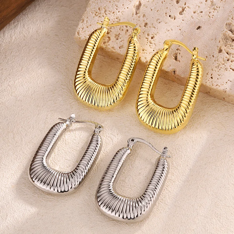 European and American light luxury personality rectangular copper polished earrings popular simple striped French earrings