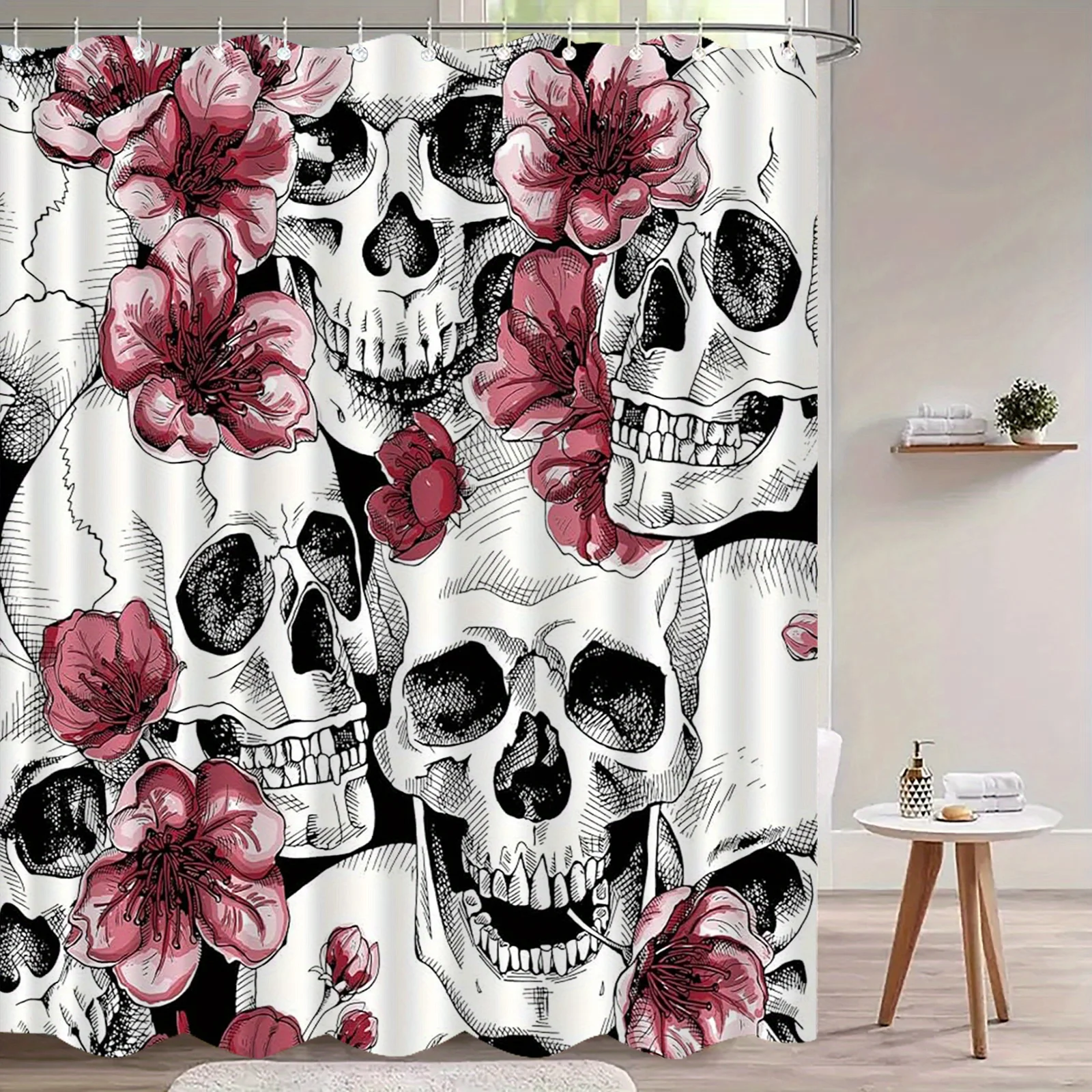 

Готическая занавеска для душа с цветочным черепом и крючками — декор для ванной комнаты из полиэстера, который можно стирать в машине, черный, белый, розовый, художественный дизайн