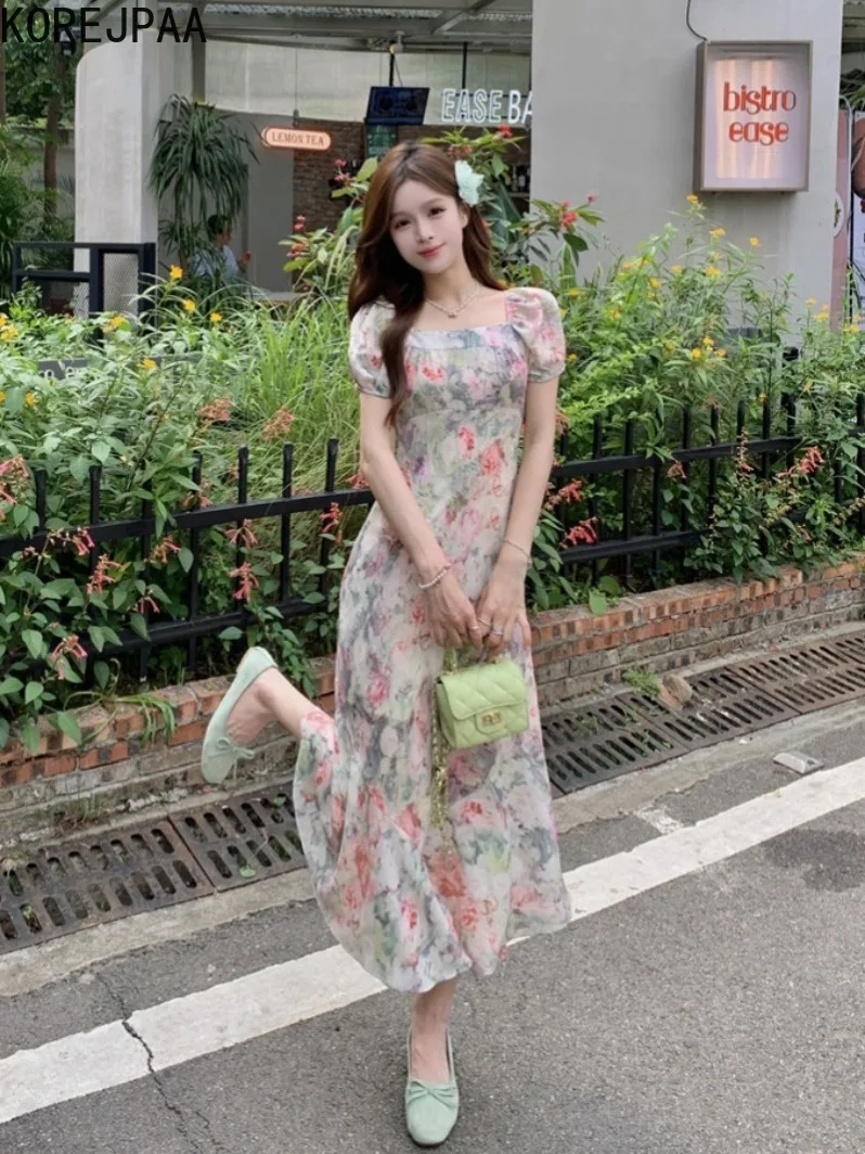 Korejpaa French Elegant Summer Dress Vacation Beach Style Floral Oil Painting Fish Tail Dresses Women Square Neck Vestido