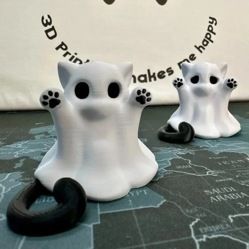 Ghost Cat Figurine Cute Spooky Ghost Kitten Statue Halloween Desktop Ornament for Home Office Tabletop Decor Halloween Gift