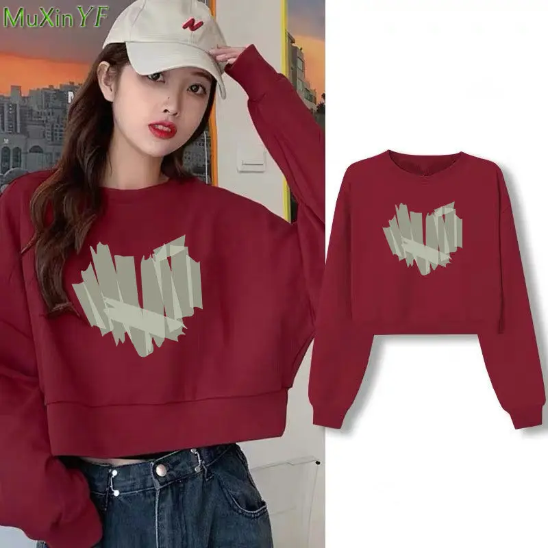 

Women Lucky Red Sweatshirt Spring Autumn Korean Lady Casaul Heart Print O-Neck Pullover 2023 New Fashion Short Tops Female