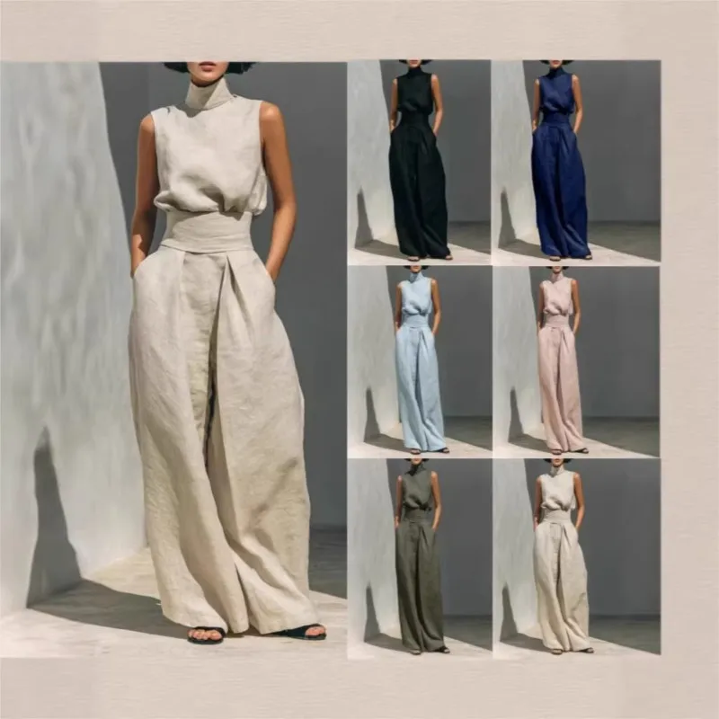 Damen Zweiteiler Ärmelloses Oberteil Hochgeschlossene Hose Weite Hose 2026 Frühling und Sommer Neuer Baumwoll-Leinen Freizeitanzug für Frauen