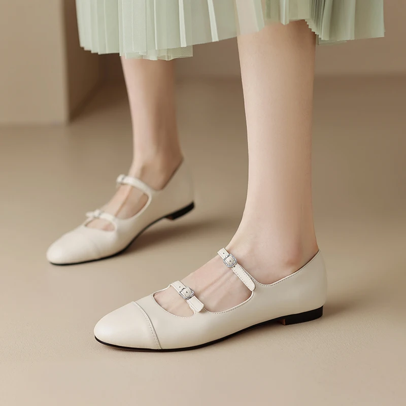 2024 New Spring Women Flats Shoes for Women Round Toe Chunky Heel women Shoes Retro Low Heel Mary Janes Genuine Leather