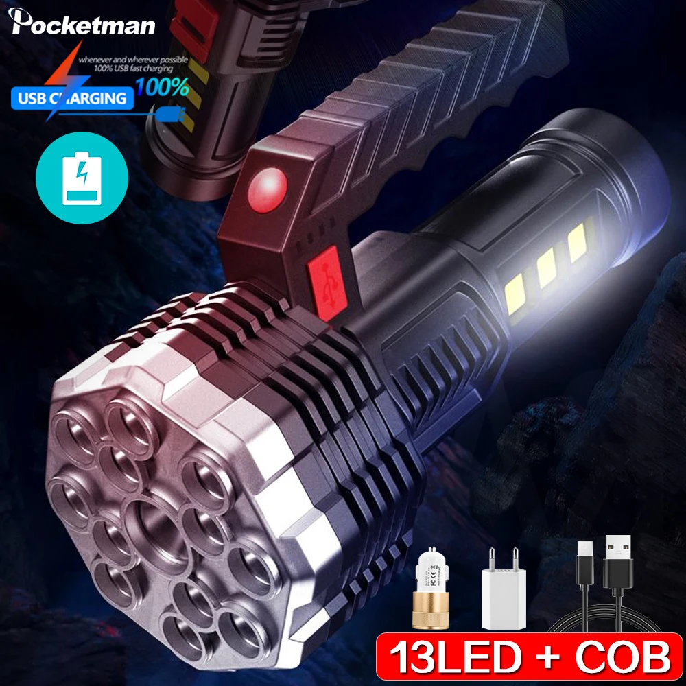 

13LED Flashlight with Side COB Portable USB Rechargeable Torch Long Range Camping Lights Built-in Battery Searchlight Floodlight