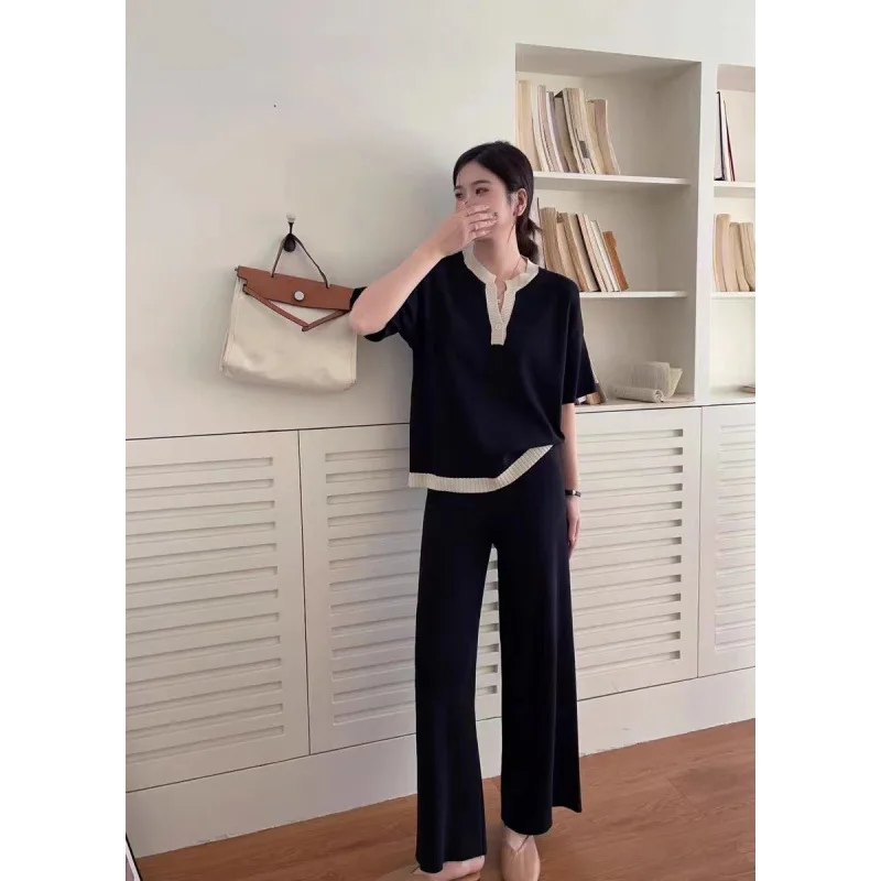 Two Piece Pant Sets Loose Fit Knit Solid V Neck Full Sleeve Tops Wide Leg Trousers Office Lady Elegant Slight Strech 2024