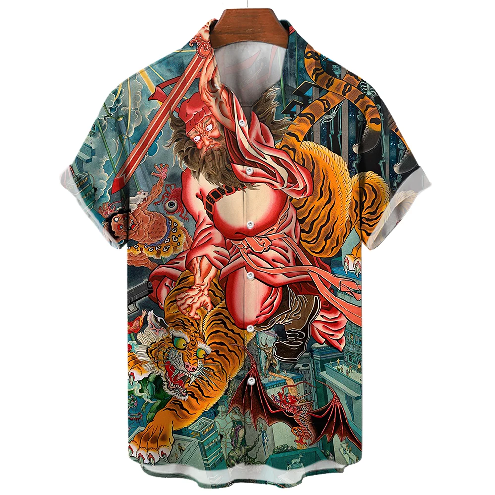 Social Shirt Everyday Men\'s Shirts 3D Animal Printed Short Sleeve Tiger/Dragon Blouse Casual Tees Oversized Male Clothing Tops