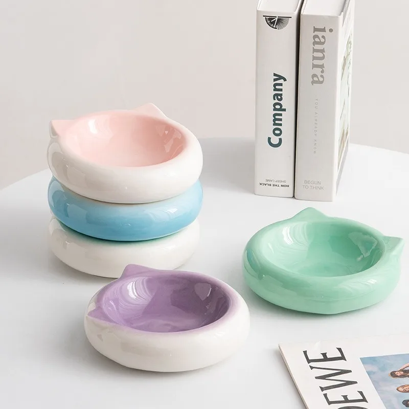 Cute Cat Ear Ceramic Pet Bowl Colorful Cat Dog Food Water Bowl Anti Spill Non Slip Feeding Dish Kitten Puppy Tableware Durable