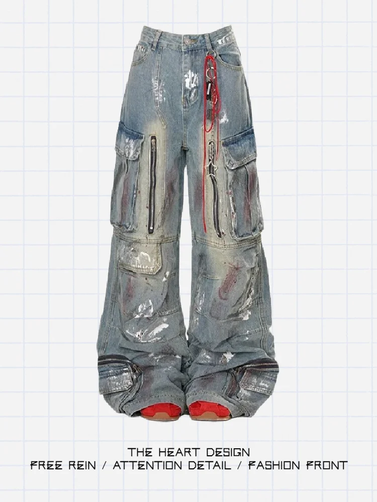 

American Retro fiti Wide Leg Denim Jeans Women's New Heavy Design Straight Casual Workwear Long Pants Multi-ket Leisure