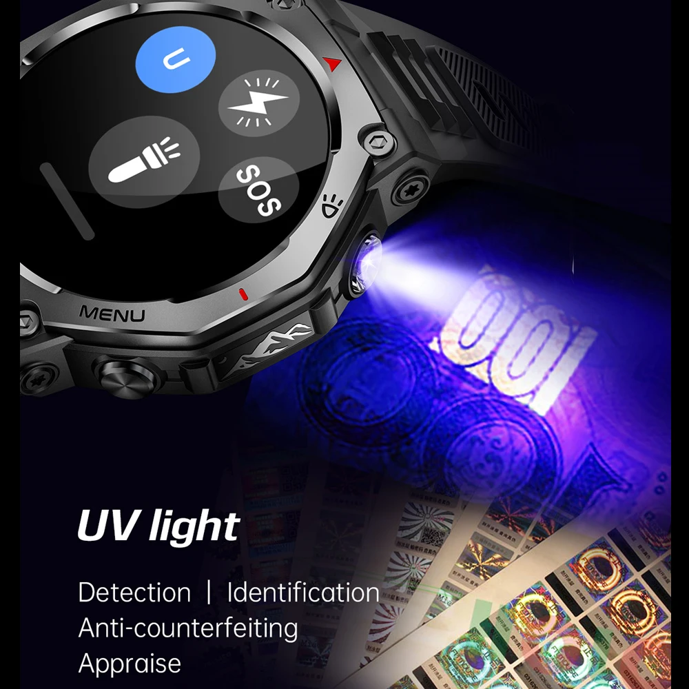 Smartwatch T-REX 3 z funkcją połączeń Bluetooth, GPS, dla mężczyzn, zegarek wojskowy outdoorowy, wodoodporność 10ATM, światła LED, monitorowanie stanu zdrowia.