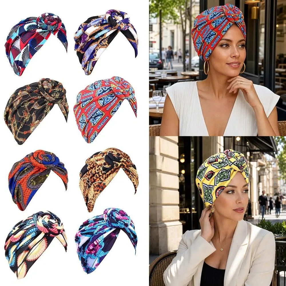 New African Print Hijab Caps Knotted Style Wrap Islamic Headband Breathable Pleated Headscarf All Match Decor
