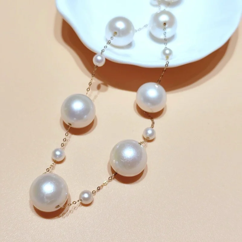 

Ювелирные изделия, ожерелье из желтого золота 18 карат, кулон au750, натуральный белый пресноводный жемчуг 12-13 м, небо, роскошная вечеринка, свадебный подарок для женщин