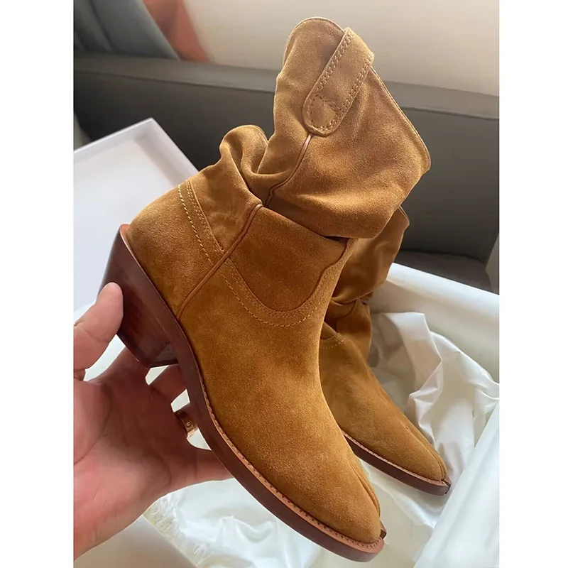 

2024 Brown Tabi Boots Split Toe Chunky High Heel Women Boots Flock Zapatos Mujer Fashion Autumn Women Shoes Botas Mujer Shoes