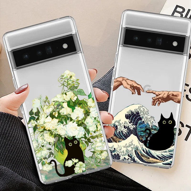 Cartoon Van Gogh Black Cat Phone Case For Google Pixel 8A 8 7 9 Pro XL 6A 5G Retro Oil Painting Transparent Soft Cover Fundas