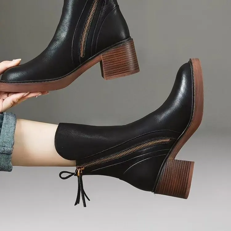 Women's Boots Autumn Coarse Heel Brown Short Boots Women's British Style Side Zipper High Heels Rubbing Color Retro Round Head