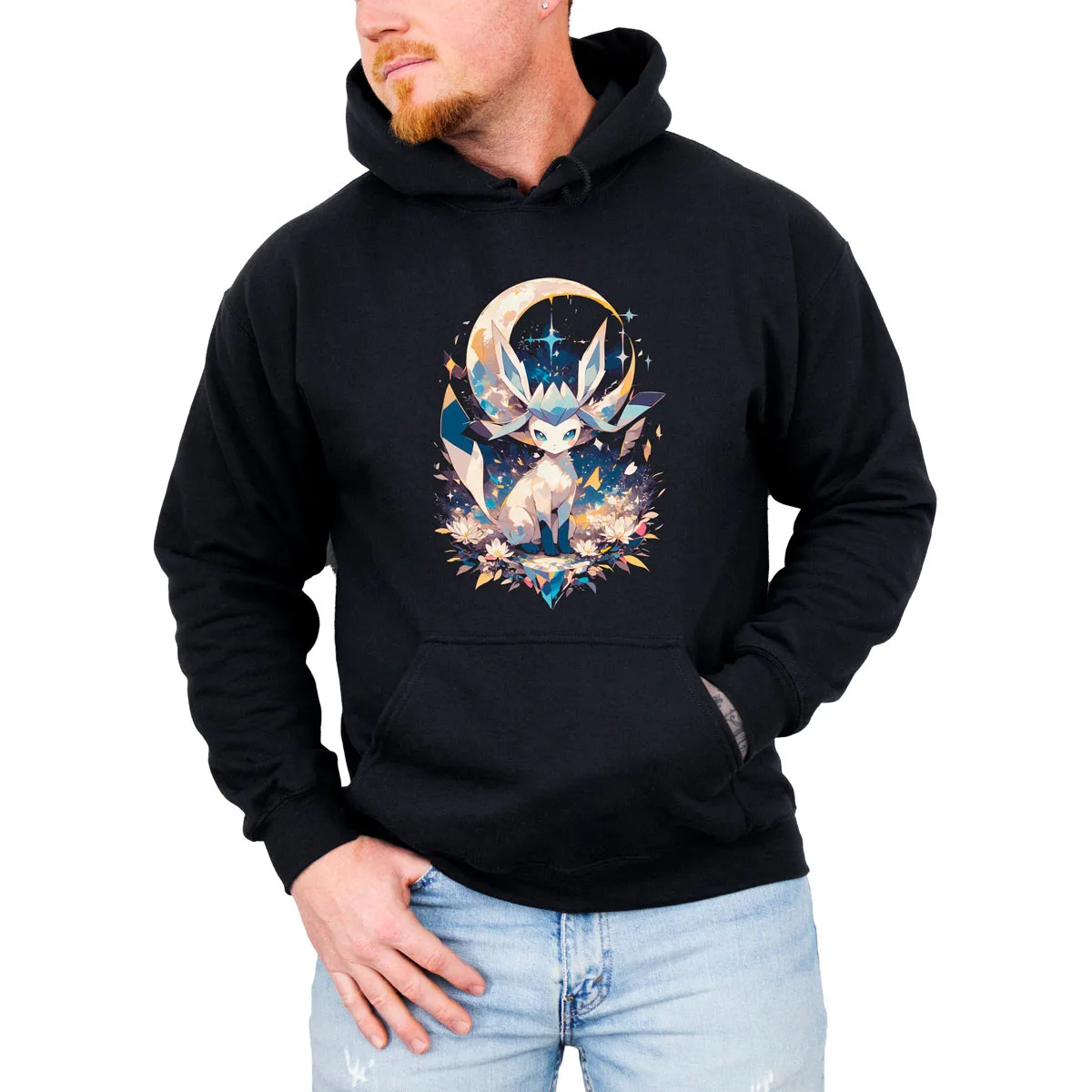Unisex Pokemon Anime Glaceon Cotton Fleece Hoodie Black Color Blue Creature in Icy Crystal Cave Background Design Loose Fit