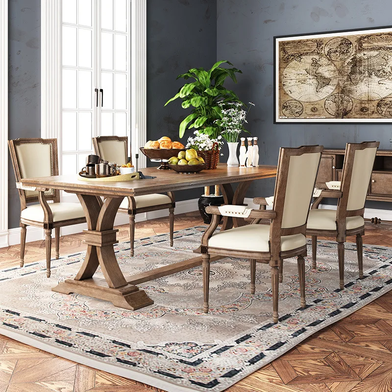 French vintage solid wood dining table, log long American style old dining table, second-hand home use