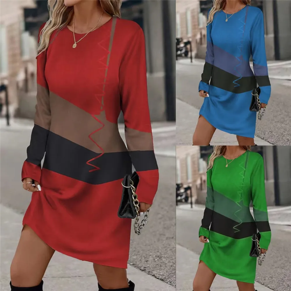 Striped Fashion Women Mini Dresses Autumn Winter Long Sleeve 3D Printed Street Elegant Ladies Dress 3XL Plus Size Casual Dress