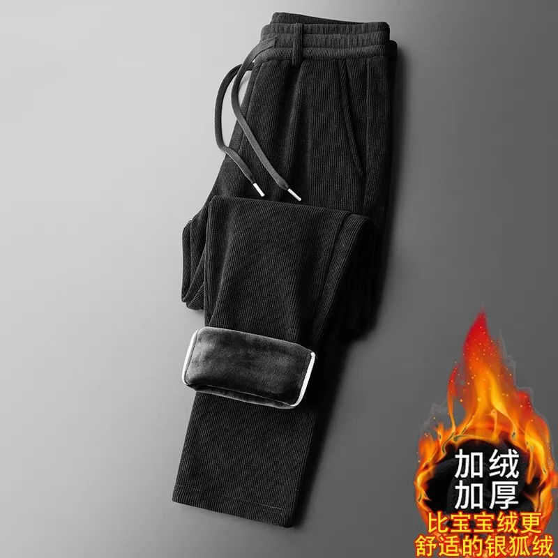 Men's Warm Fleece Corduroy Sweatpants Soft Lining Drawstring Waist Casual Trousers Winter Loose Fit Draping Straight Pants