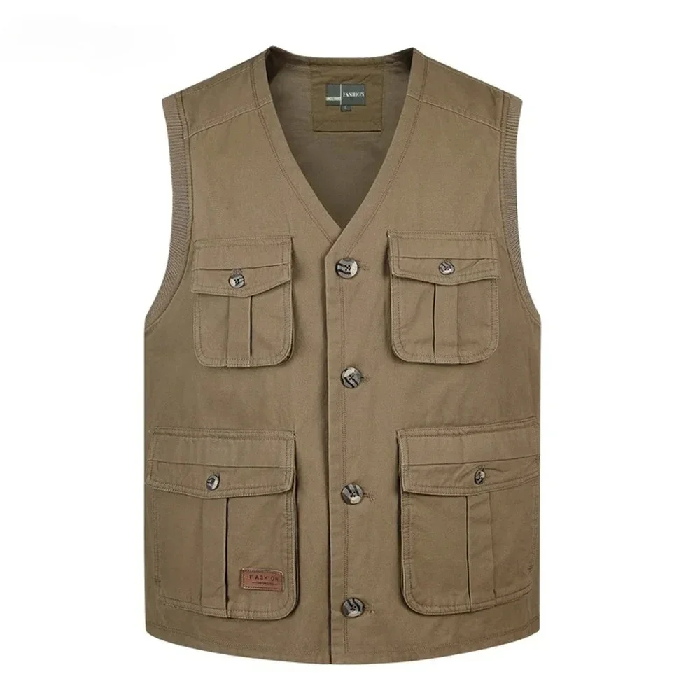 

Летний мужской жилет с множеством карманов, хлопковая безрукавка на пуговицах, тонкий, удобный, цвет хаки/армейский зеленый, рабочий жилет