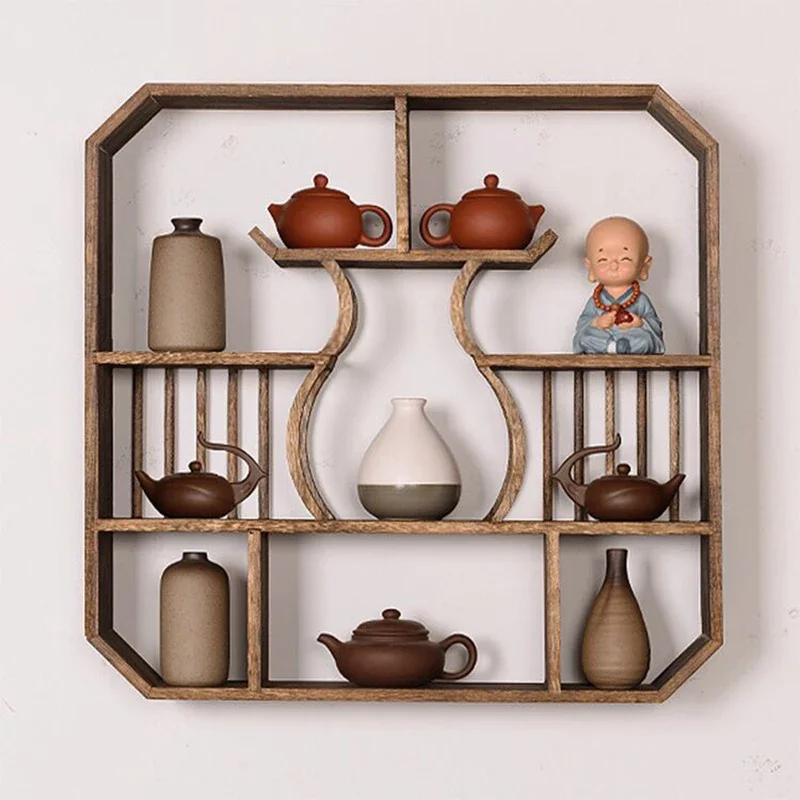 Retro Wall Hanging Storage Rack, Chinese Style,Solid Wood,  Retro Living Room, Tea Set Stationery, Multiple Grids