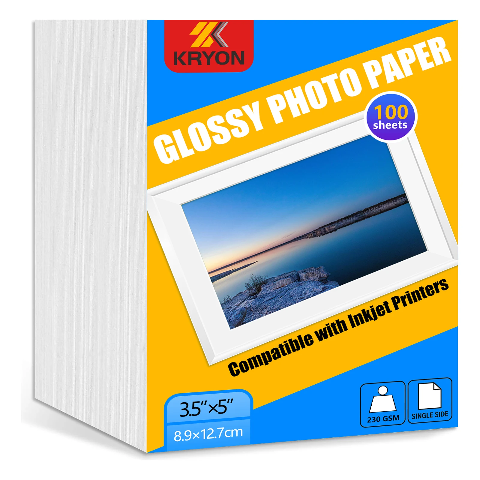 กระดาษภาพถ่ายเคลือบเงา KRYON ขนาด 5x3.5 นิ้ว 230 แกรม 100 แผ่น ด้านเดียว สำหรับเครื่องพิมพ์อิงค์เจ็ท แห้งเร็ว สีสดใส แพ็คสุดคุ้ม