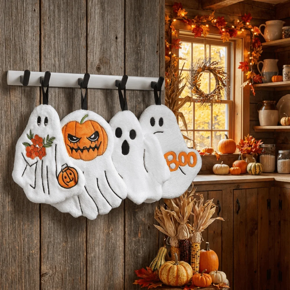 Cute Ultra Absorbent Halloween Hand Towels Quick Drying Coral Fleece Pumpkin Towel Hanging Cartoon Ghost Towel Restaurant