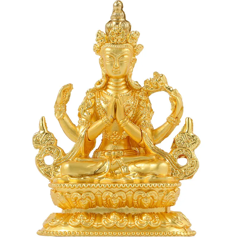 Tibetan Buddhism Alloy Gilding Four-Arm Guanyin Buddha Statue Home Ornament Mini Pocket Buddha