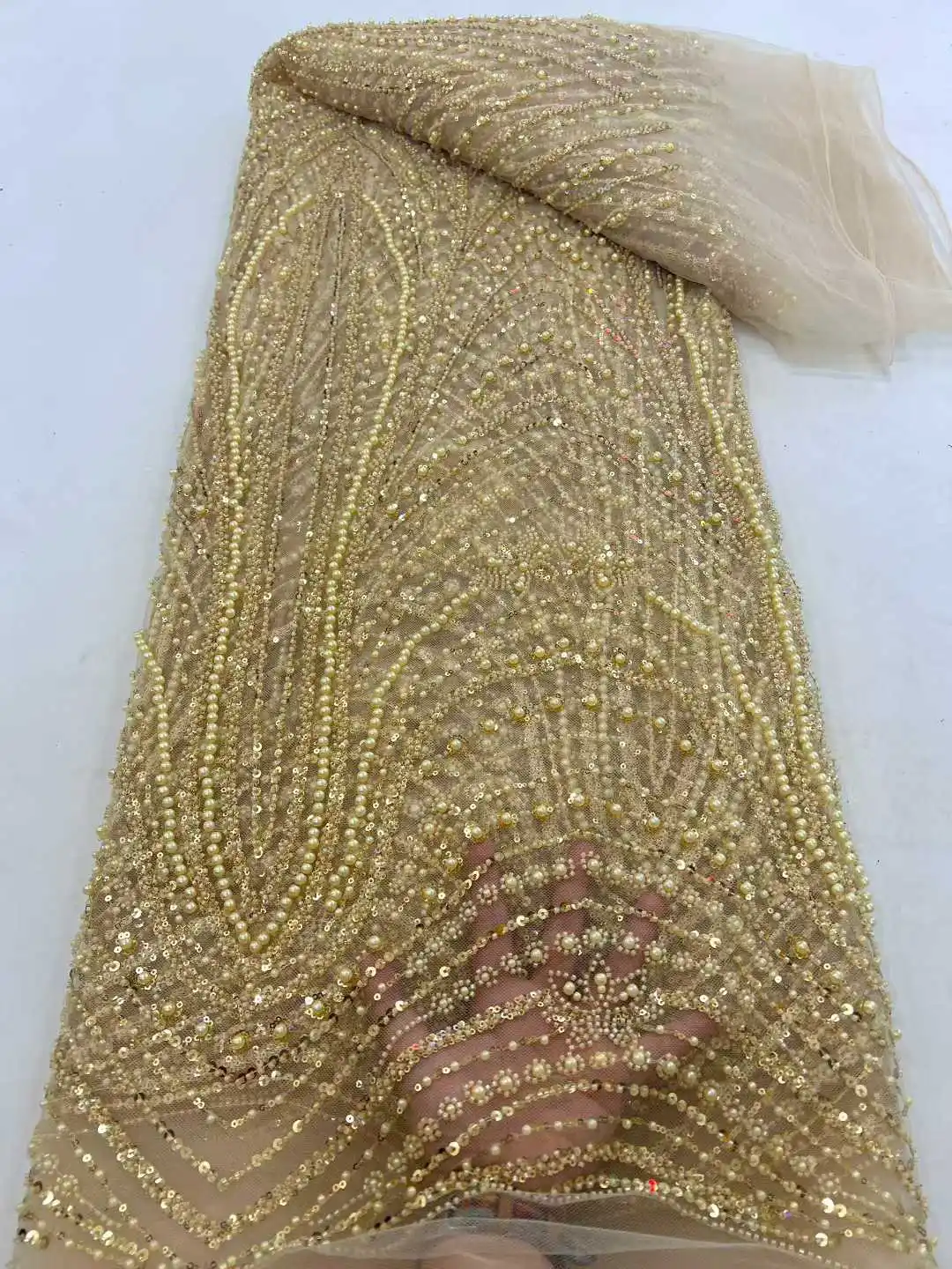 

Luxury Hand-Embroidered Lace Heavy Beading and Sequins Lace Fabric 2026 African Lace Fabric For Women's Party Gown