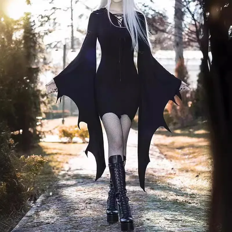Damska gotycka sukienka na Halloween, damska sukienka w jednolitym kolorze, nieregularna, sznurowana, z rękawami nietoperzowymi, vintage, czarna, dopasowana mini sukienka damska.
