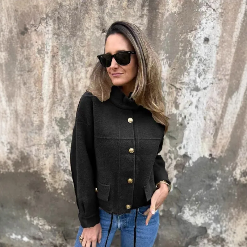 Casual Loose Single-breasted Cardigan Coat Autumn Winter New Fashion Solid Color Stand-up Collar Pocket Long-sleeved Loose Coat
