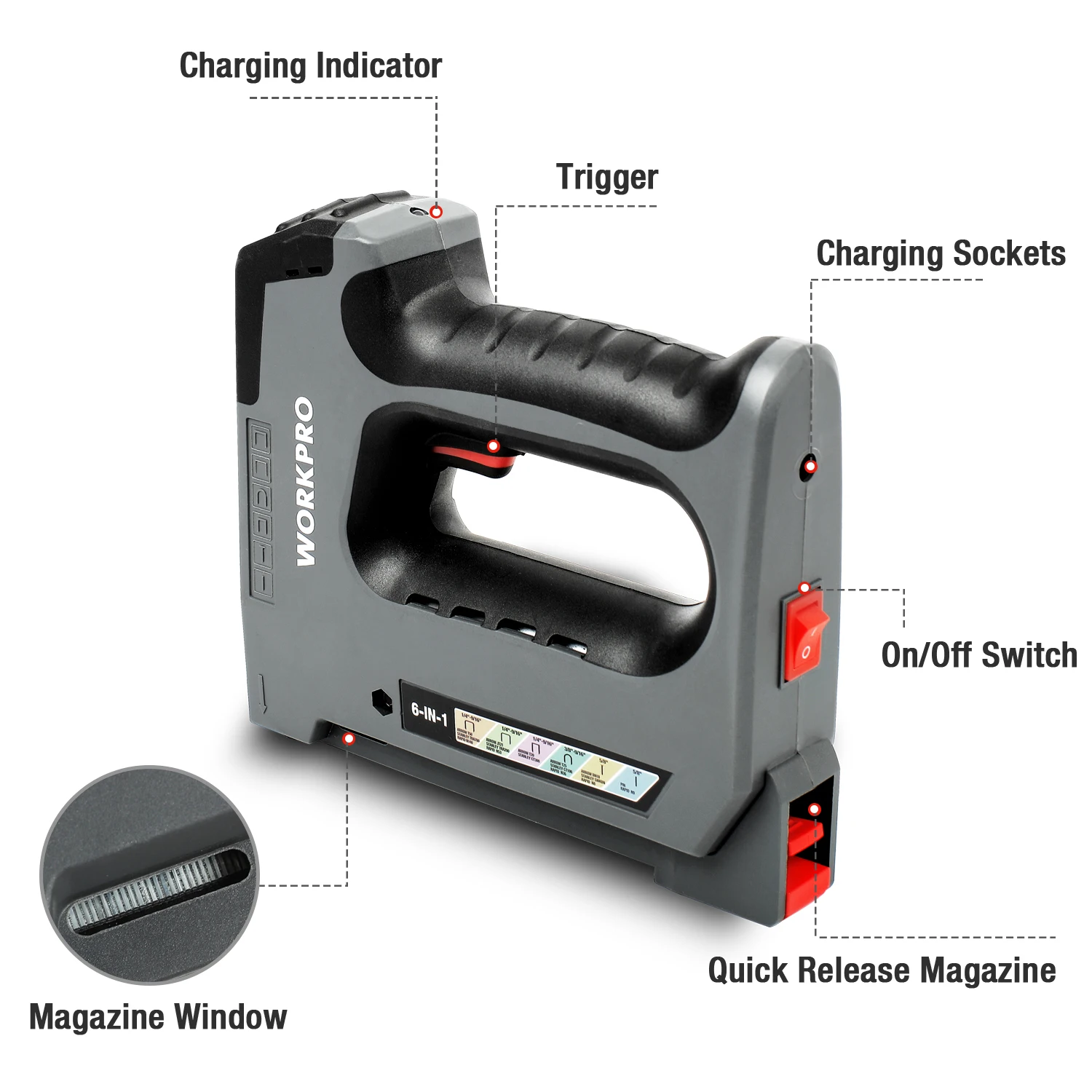 WORKPRO Electric Cordless 5 IN 1 Heavy Duty Staple Gun with 2000pcs Nails & Charger 3.6V Nailer Hand Tool Wood Frame Stapler