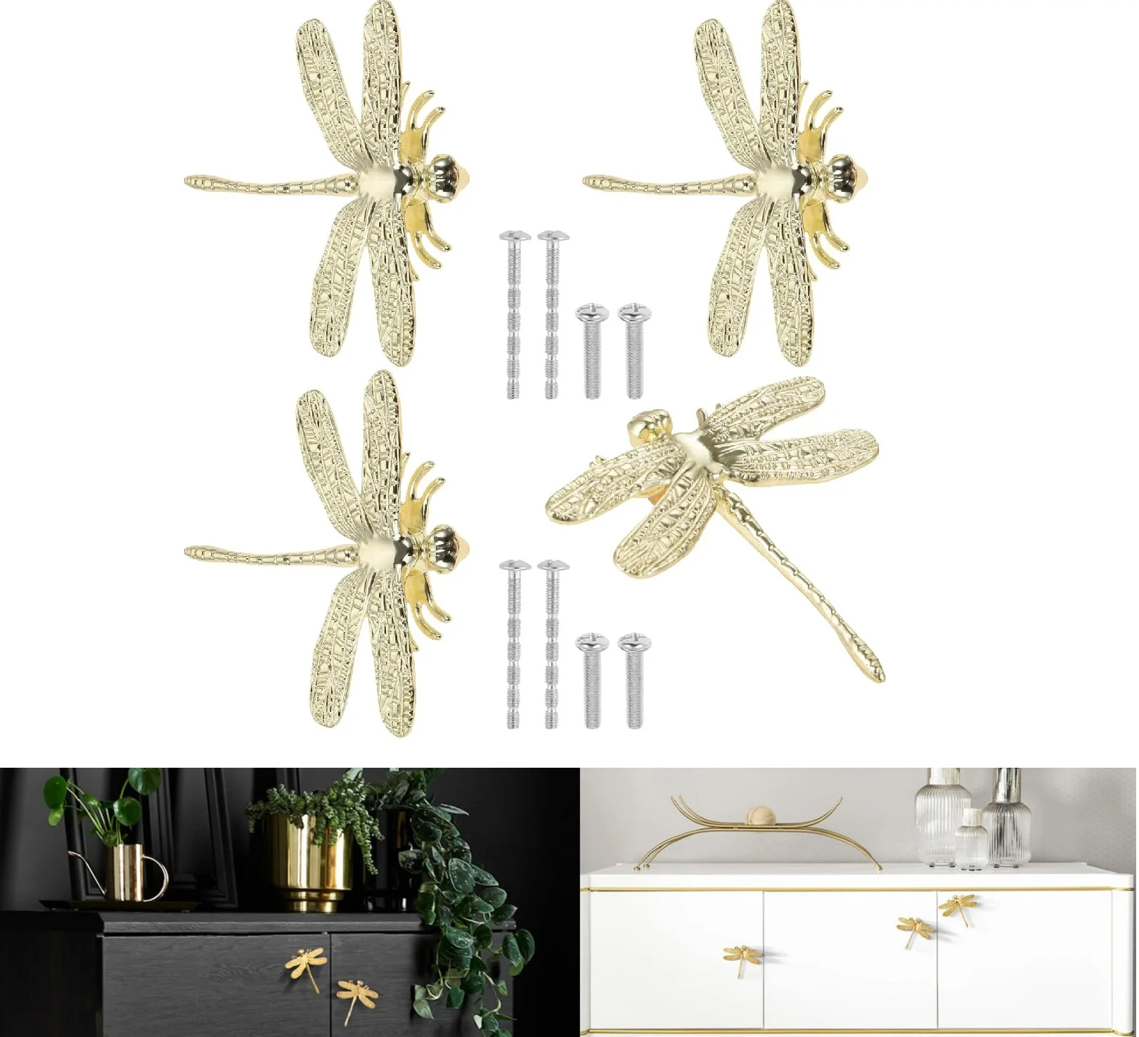 4pcs/set Dragonfly-shaped Knob with Long/Short Screws Furniture Door Handle Golden Pull Single Hole Drawer Cabinet Wardrobes