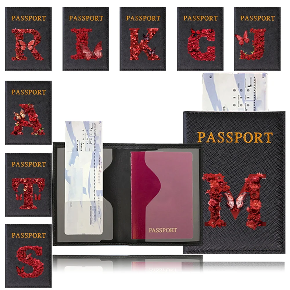 

Leather Passport Holder Covers Case Waterproof Travel Credit Card Printing Red Rose Wallet Black Color Passport Cover