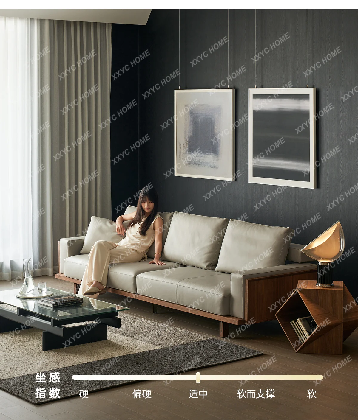 Solid wood sofa high-end all-leather sofa black walnut straight row four people  FT