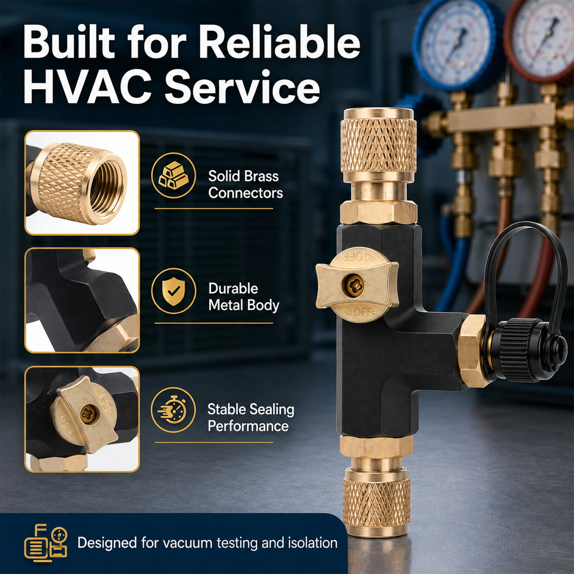 HVAC 3-Wege-Vakuumventil aus verdickter Kupferlegierung, 1/4 SAE Vakuumpumpenadapter für Mikron-Messgerät, Werkzeug für Klima- und Kältetechnik. – Detail 4