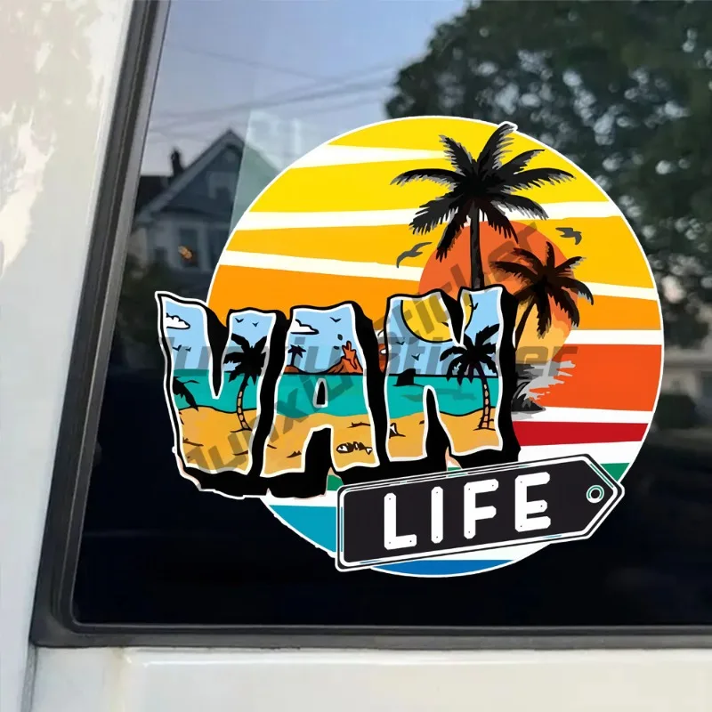 

Vintage Van Life Sticker - Palm Tree Sunset Design, Easy To Apply - Ideal for Campervans, RVs, Skateboards, Cars, Trucks