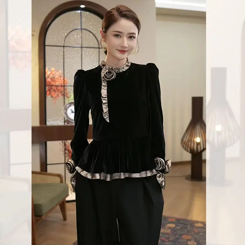 2023 New Winter Women's Black Velvet Panel Contrast Stand Up Neck Bubble Sleeve Top Autumn Fashion Elegant Versatile Shirt