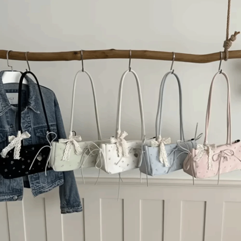Sweet Heart-Shaped Charm Long Slim Shoulder Bag Bow Decoration Lace Floral Print Handbag Cute Adjustable Underarm Bag Students