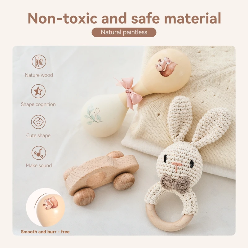 3 STKS Gehaakte Dierenbeer Rammelaar Speelgoedset Fopspeen Armband Houten Bijtring Ring Baby Product Mobiele Kinderwagen Wieg Houten Speelgoed Geschenken
