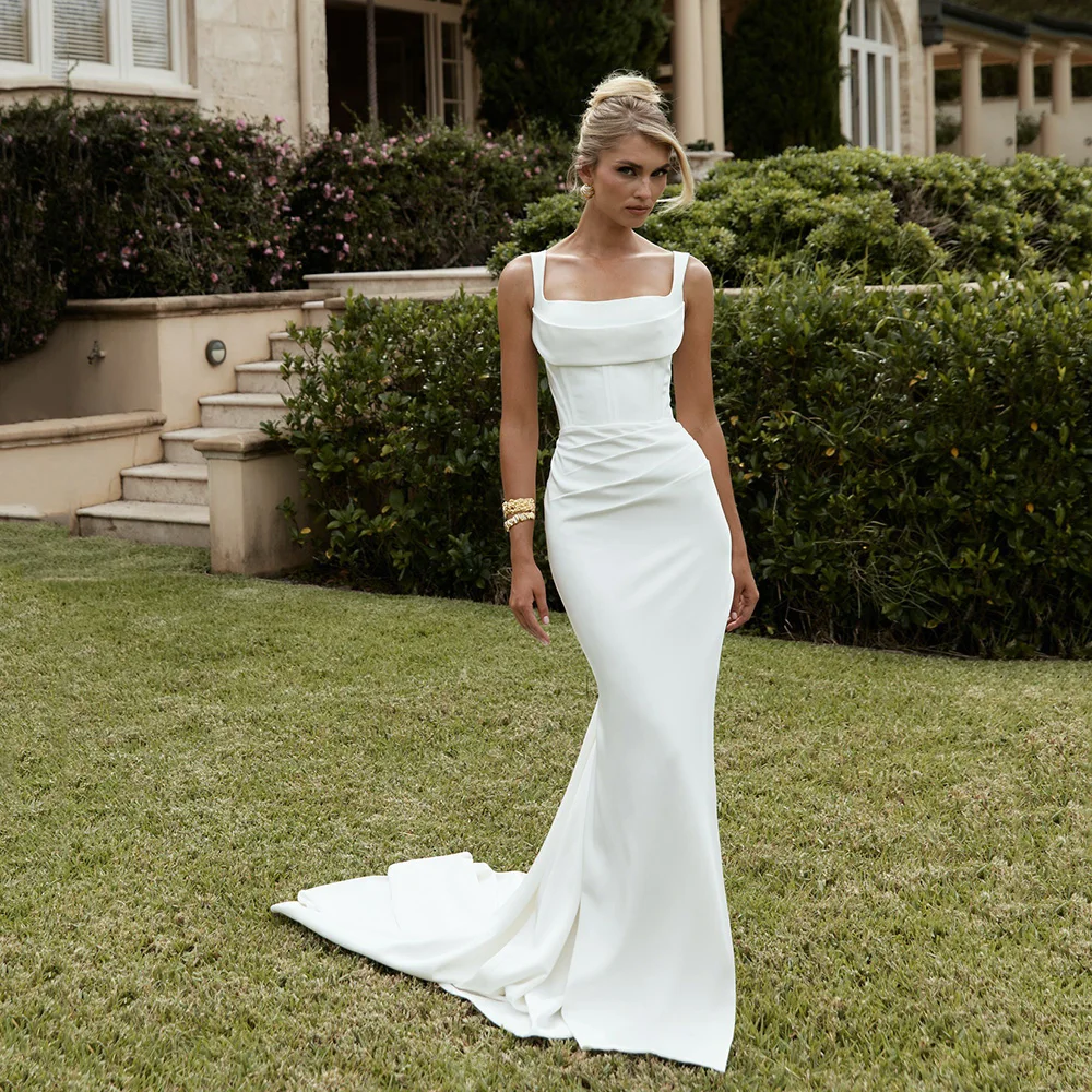 

Civil Mermaid Wedding Dresses 2025 Sleeveless Square Collar Pleated Bride Dress Sexy High Slit Wedding Bridal Gowns Customized