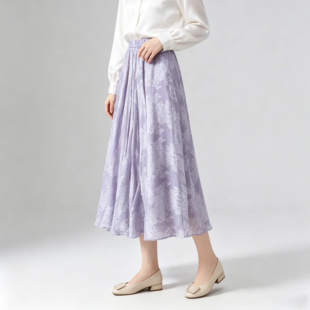 Women's 3.5m Large Swing Heavy Industry Natural Mulberry Silk (lining: Silk Cotton) Elastic Waist Diagonal Cut Purple Skirt
