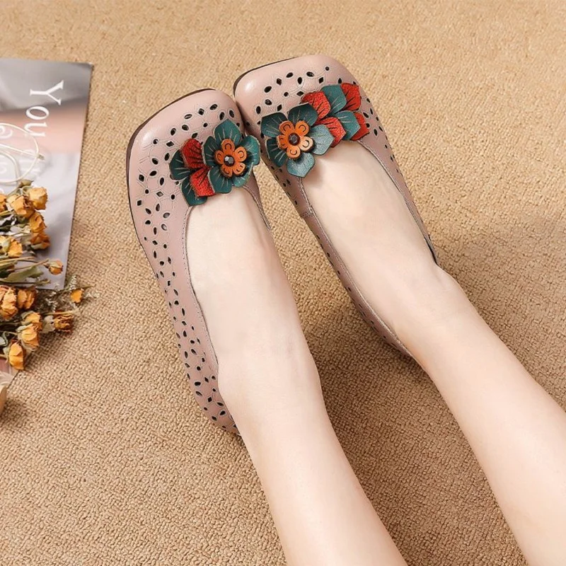 

Feeldi retro mom floral shoes woman gunuine leather moccasins summer cut-outs breathable ethnic vintage loafers ladies