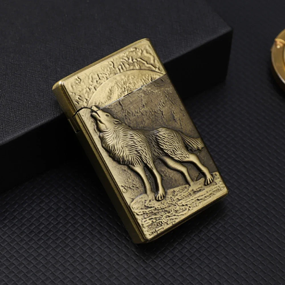 Vintage Collection Engraved Wolf Metal Lighter Butane Cigarette Accessories Windproof Refillable Gas Jet Lighter Gadget Men Gift