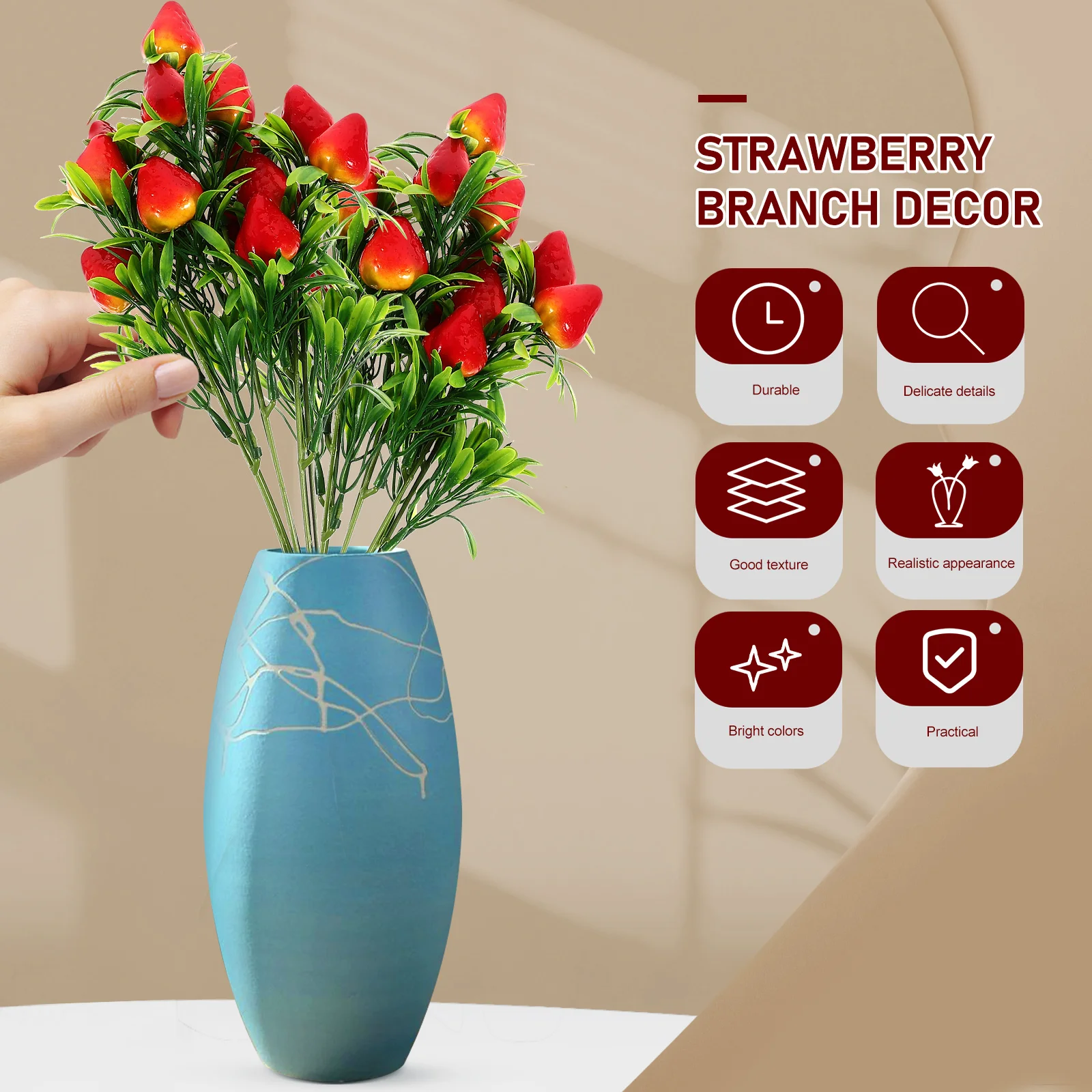 

2pcs Lifelike PVC Simulation Strawberry Bouquet Bright Festive Decor DIY Home Desktop Fake Branches Plastic Decorations