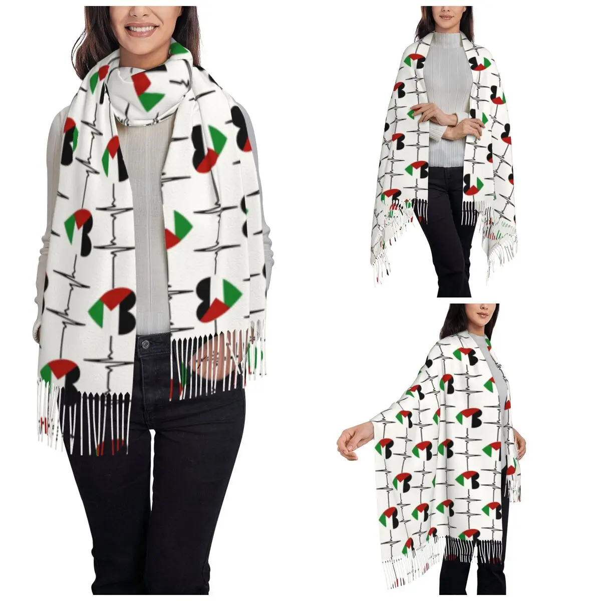 Palestine Flag ECG Love Heart Shawls Wraps for Ladies Winter Warm Long Soft Scarf Palestinian Pashminas Tassel Scarves