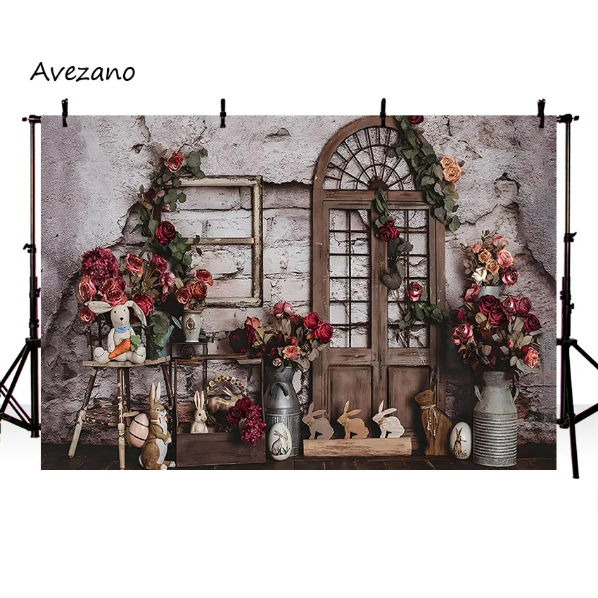 Avezano พื้นหลังสำหรับถ่ายภาพฤดูใบไม้ผลิ Window Landscape Easter Bunny หญ้าสวนทารกแรกเกิดวันเกิด Photo Studio