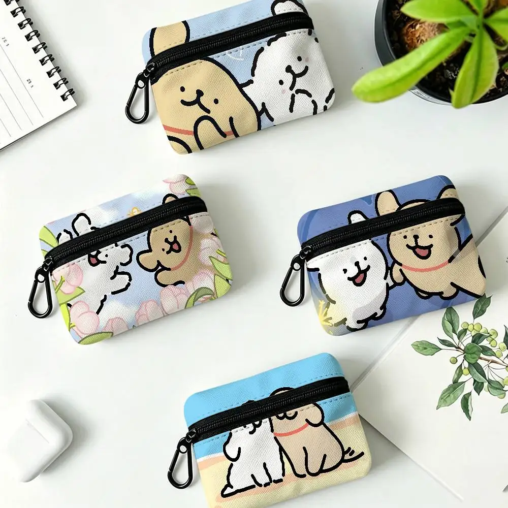 Cute Line Puppy Maltese Mini Oxford Cloth Coin Purse With Carabiner Hook Portable Key Card Wallet Small Zipper Storage Pouch